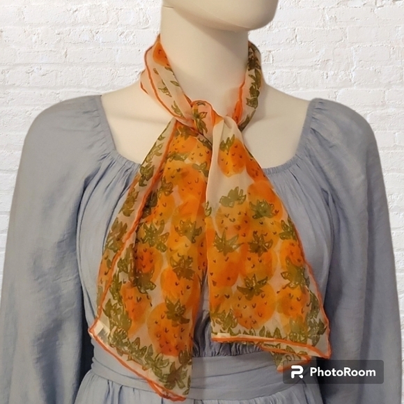 Vera Neumann Accessories - Vtg 1960s Vera Neumann Verasheer Silk Blend Orange Strawberries Long Scarf